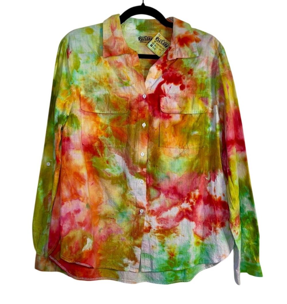 Ice Dyed Cotton Button Up Shirt Green Orange Reworked Vintage Medium